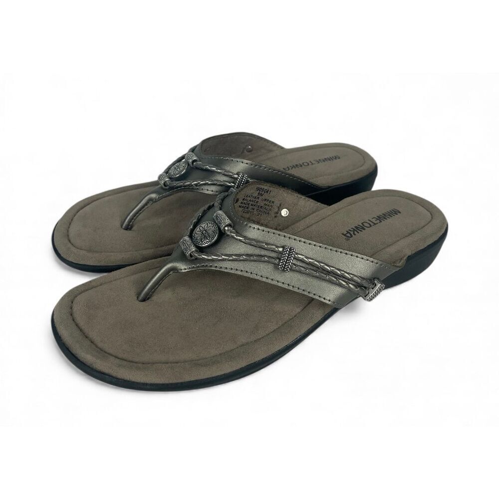 Minnetonka Metallic Leather Sandals Comfort Flip Flops Women 9 NWOB - Picture 3 of 7